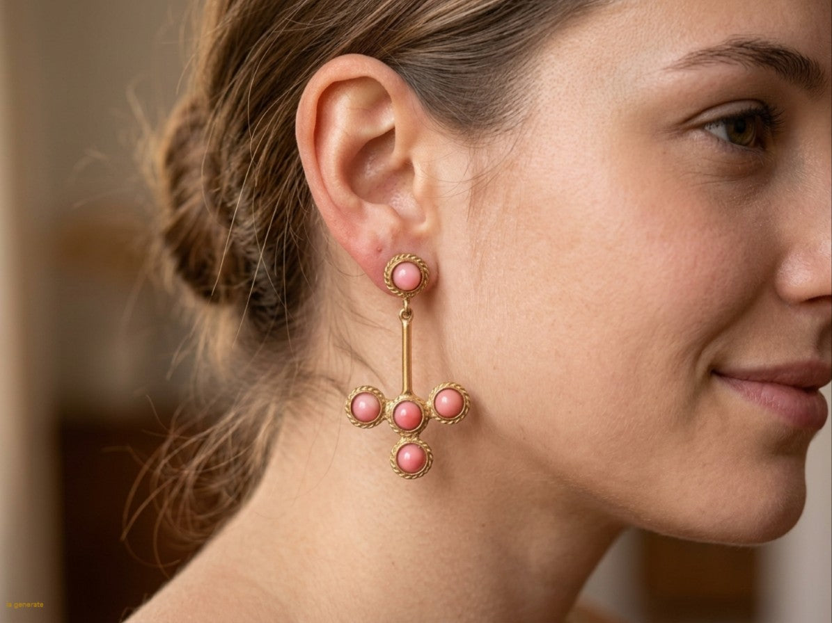 Orecchini pendenti eleganti in stile etrusco con pietre naturali - corallo rosa