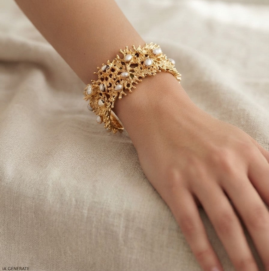 Bracelet en bronze doré orné de corail 3D et de nacre naturelle. Élégant, ajustable et réalisé à la main.