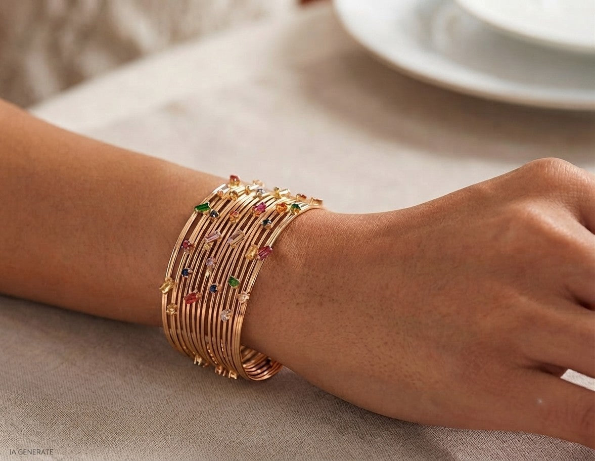 Bracciale stile schiava in oro su bronzo con topazi e quarziti naturali multicolor, regolabile