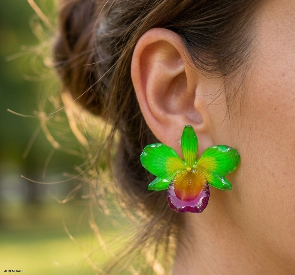 orecchini a perno artigianali realizzati con intere orchidee vere dai petali verde brillante e centro viola bordeaux, protette da resina lucida
