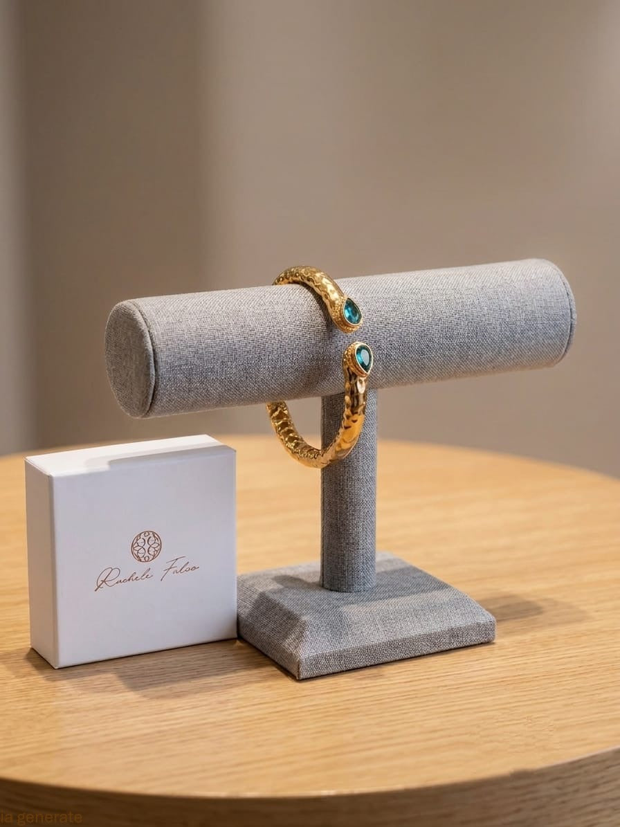 Bracciale etrusco a molla in bronzo con oro opaco e topazi azzurri naturali