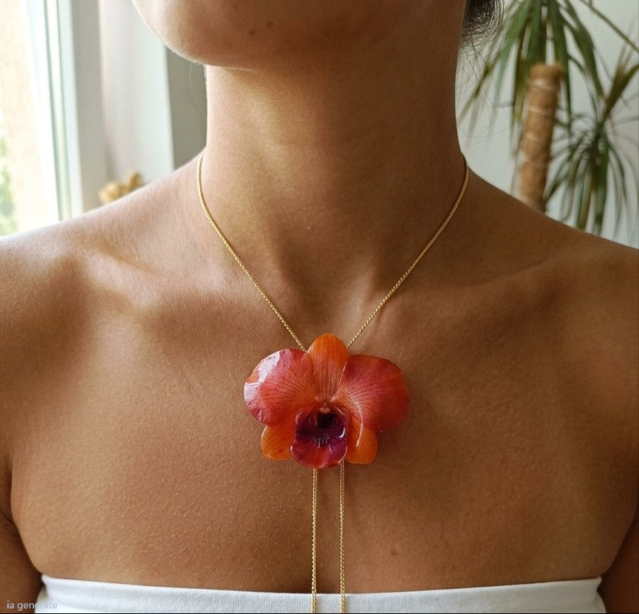 Collana saliscendi con vera orchidea arancione in resina