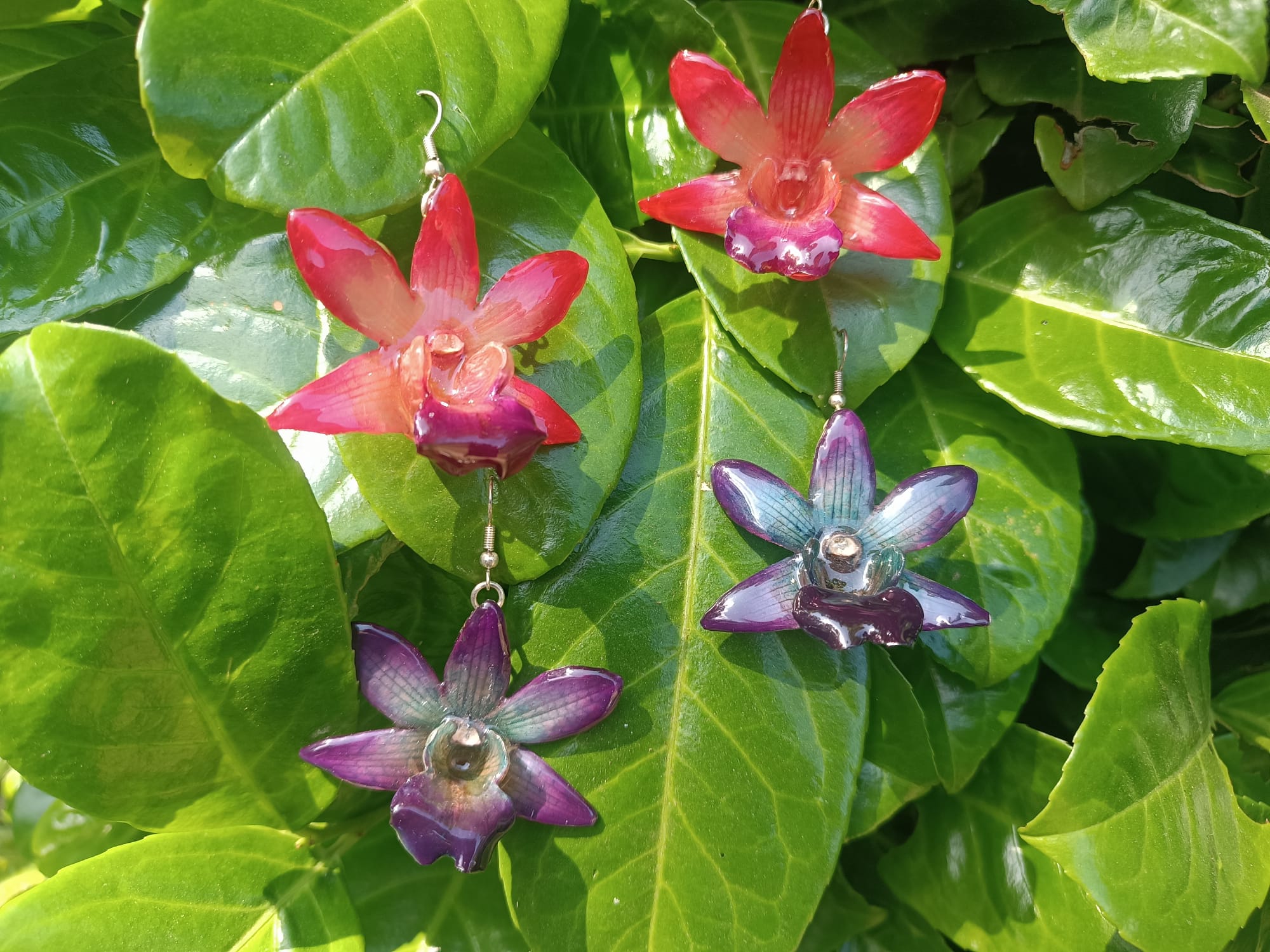 orecchini orchidee naturali in resina eleganti varianti disponibili rosa o viola