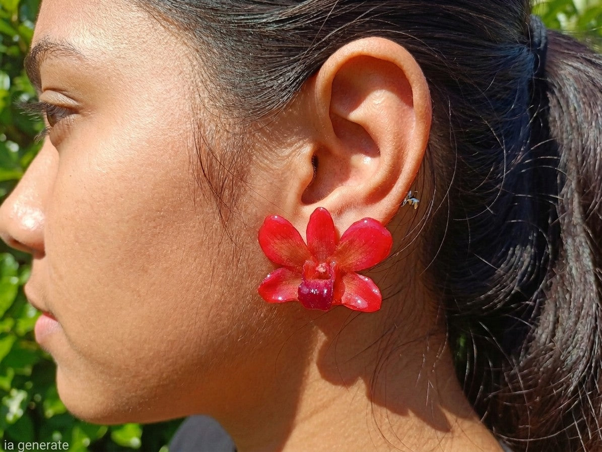 orecchini a lobo artigianali Rachele Falvo con orchidee vere rosse e bordeaux in resina lucida