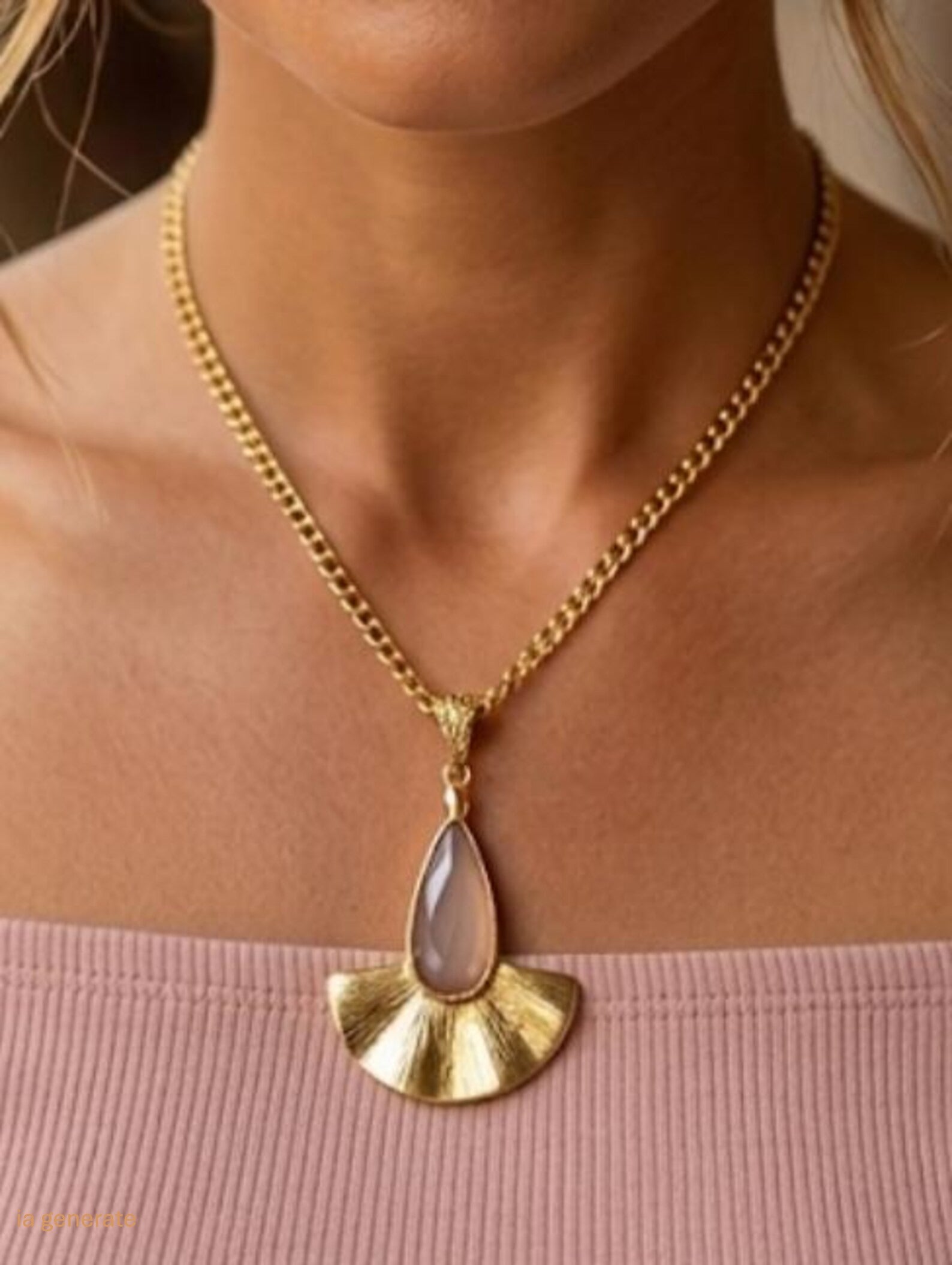 Collana con grande pendente a ventaglio plissettato in bronzo dorato e pietra occhio di gatto color tortora taglio a goccia di Rachele Falvo,
