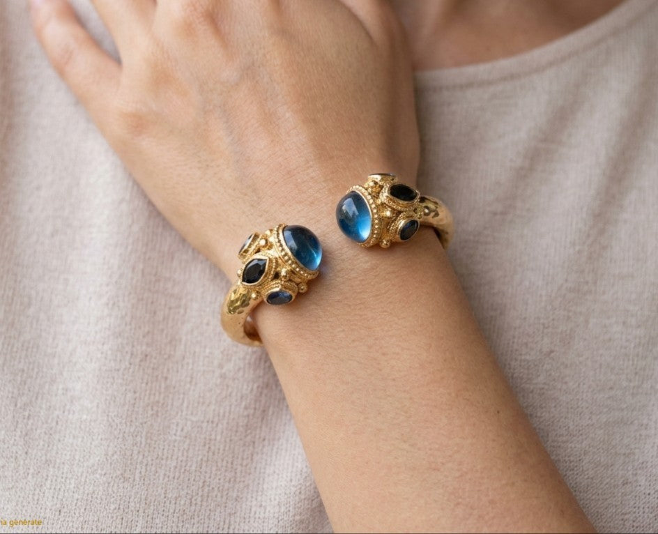 Spettacolare bracciale rigido a molla scultoreo in stile etrusco bizantino in bronzo oro opaco con azzurriti naturali sfaccettate