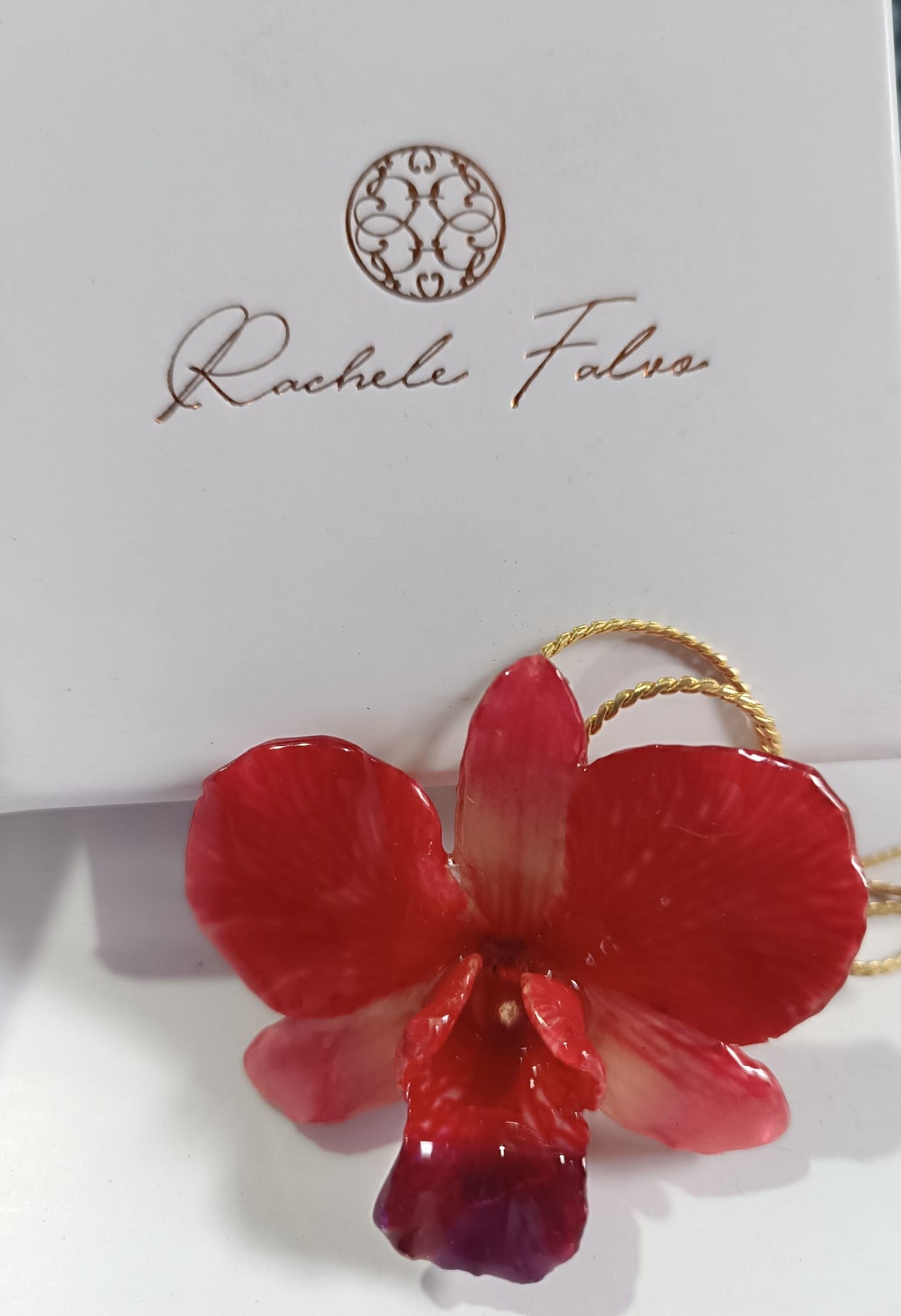 collana orchidea dendrobium rosso aragosta resina saliscendi oro regolabile elegante