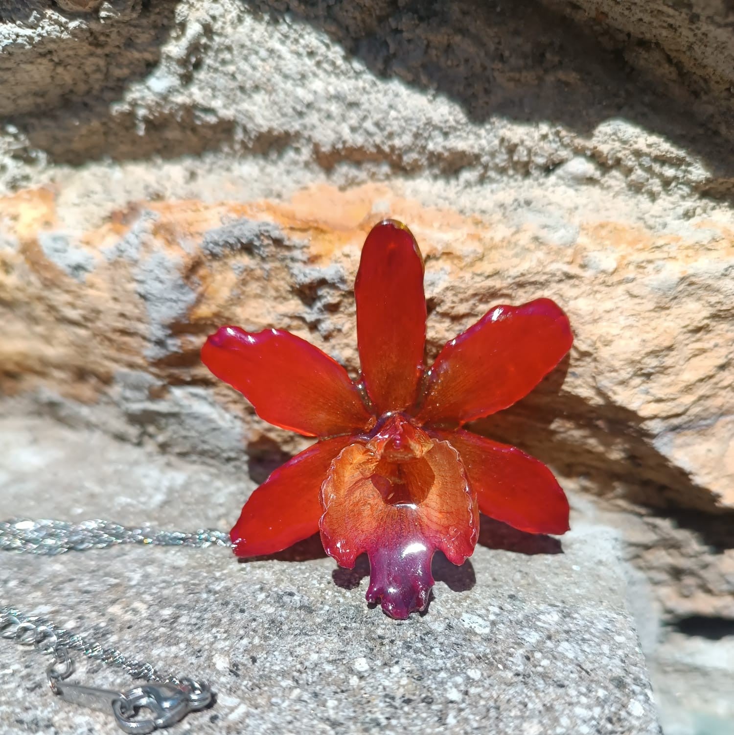 Ciondolo artigianale con vera orchidea marrone e arancio racchiusa in resina trasparente con riflessi di luce, mostrato con catenina in acciaio color oro e color argento.