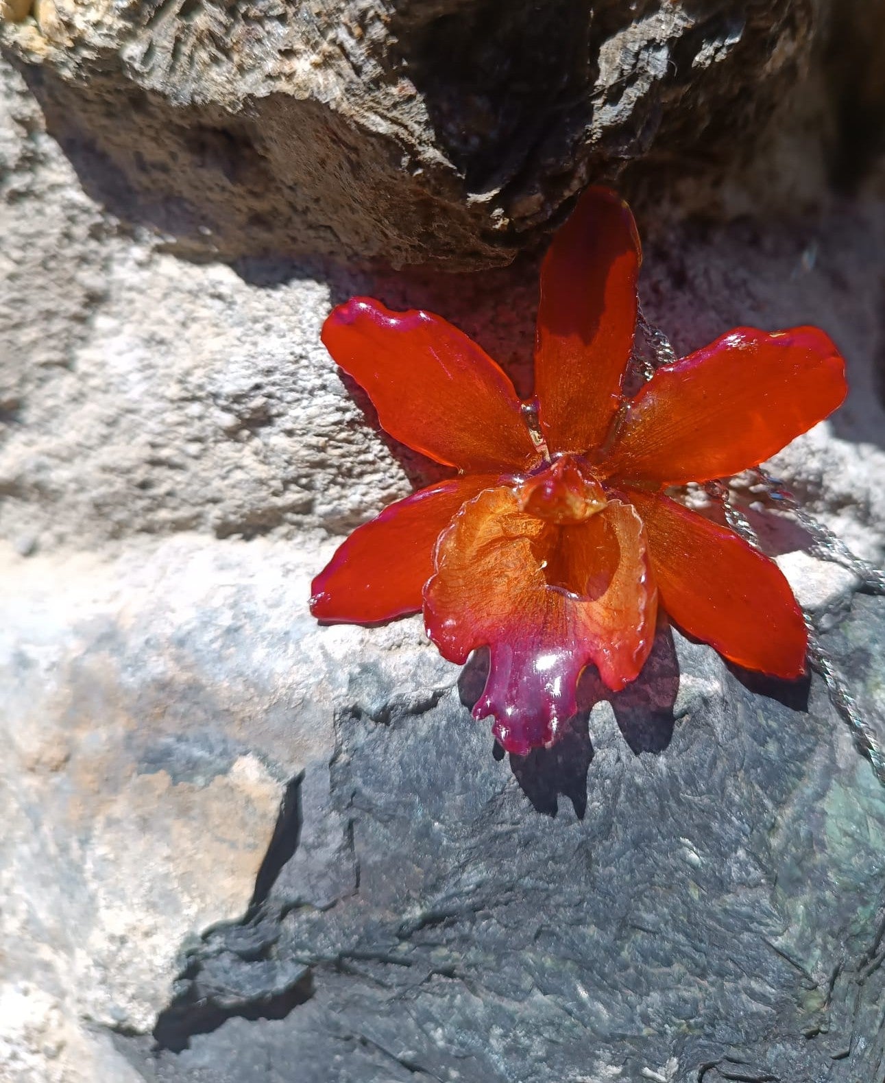 Ciondolo artigianale con vera orchidea marrone e arancio racchiusa in resina trasparente con riflessi di luce, mostrato con catenina in acciaio color oro e color argento.