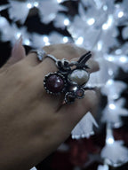 Anello in argento 925 con colibrì, diaspro rosso, perla barocca e tormaline rosa
