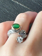 Anello regolabile in argento 925 con giada verde e ametista naturali