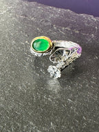 Anello regolabile in argento 925 con giada verde e ametista naturali