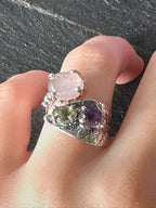 Anello regolabile in argento 925 con quarzo rosa, ametista viola e quarzo limone naturali