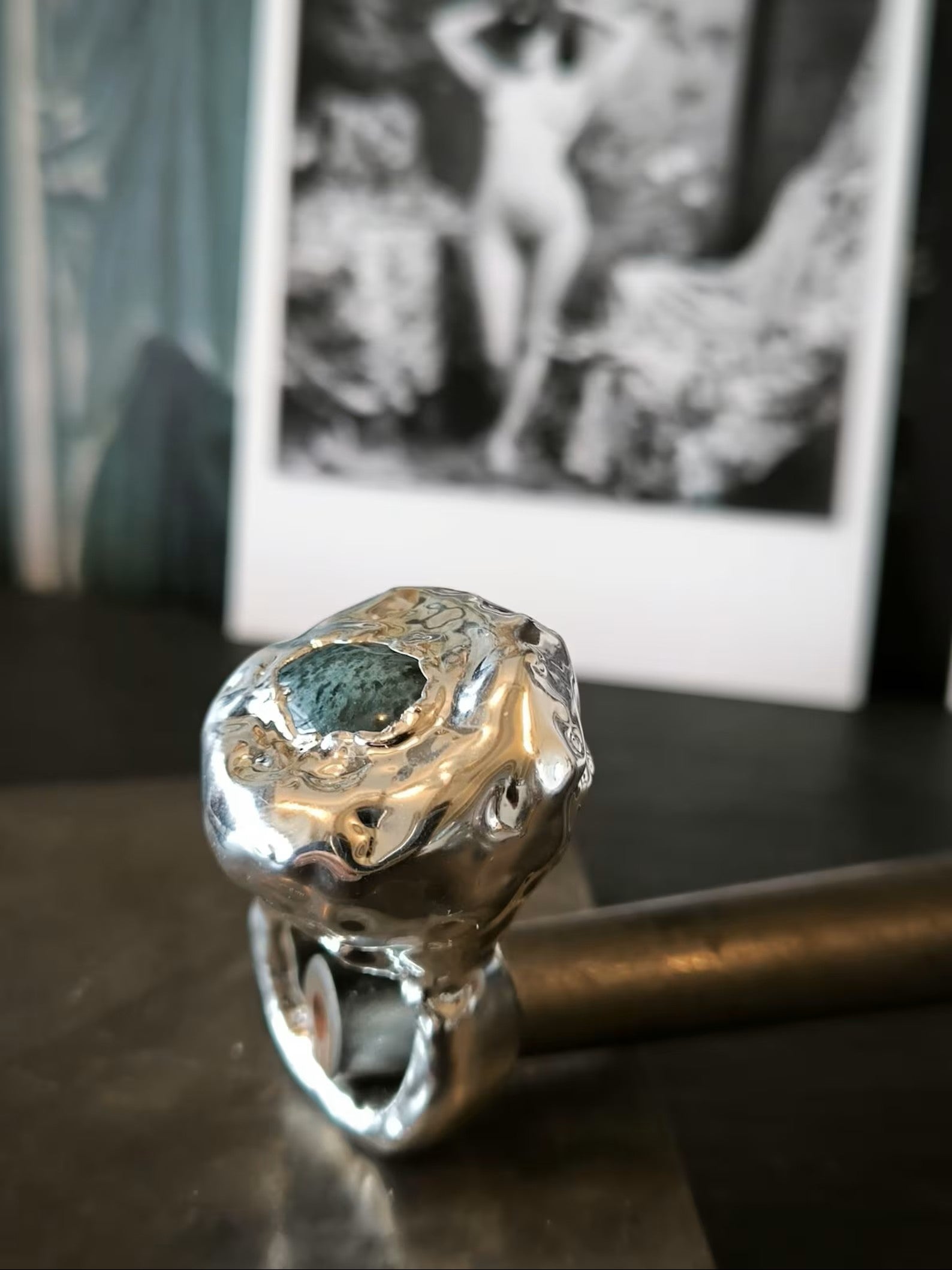 anello scultura argento 999 agata verde resina pregiata