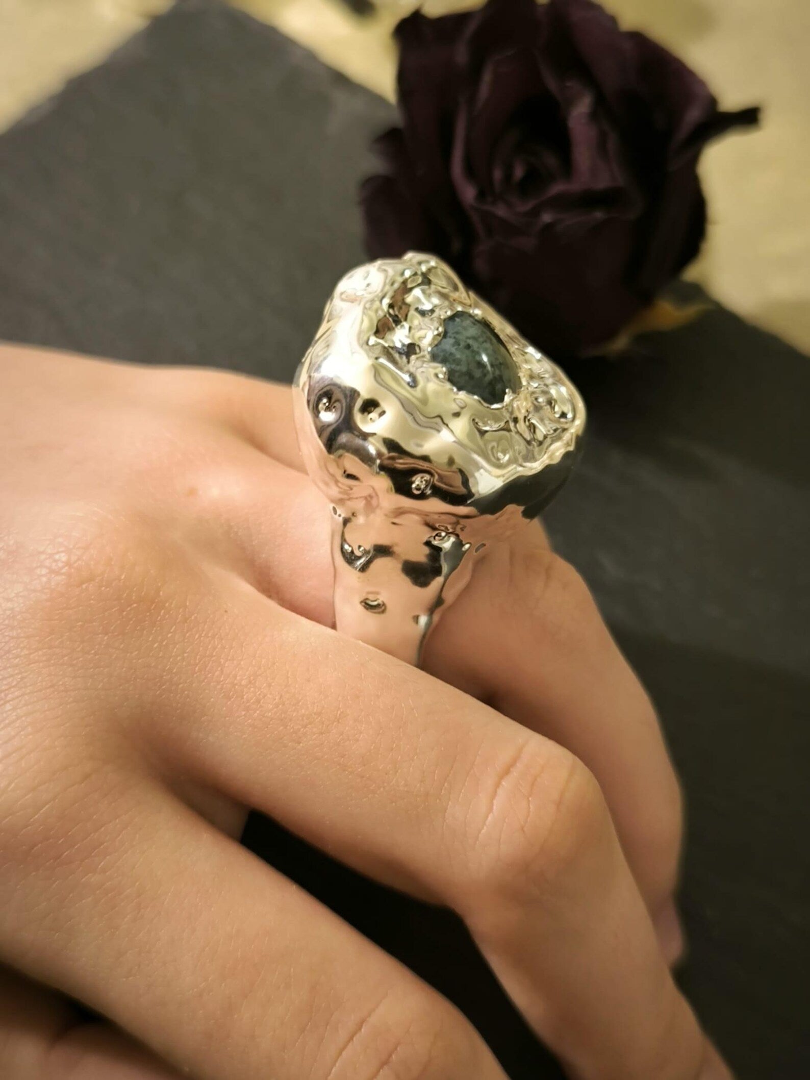anello scultura argento 999 agata verde resina pregiata