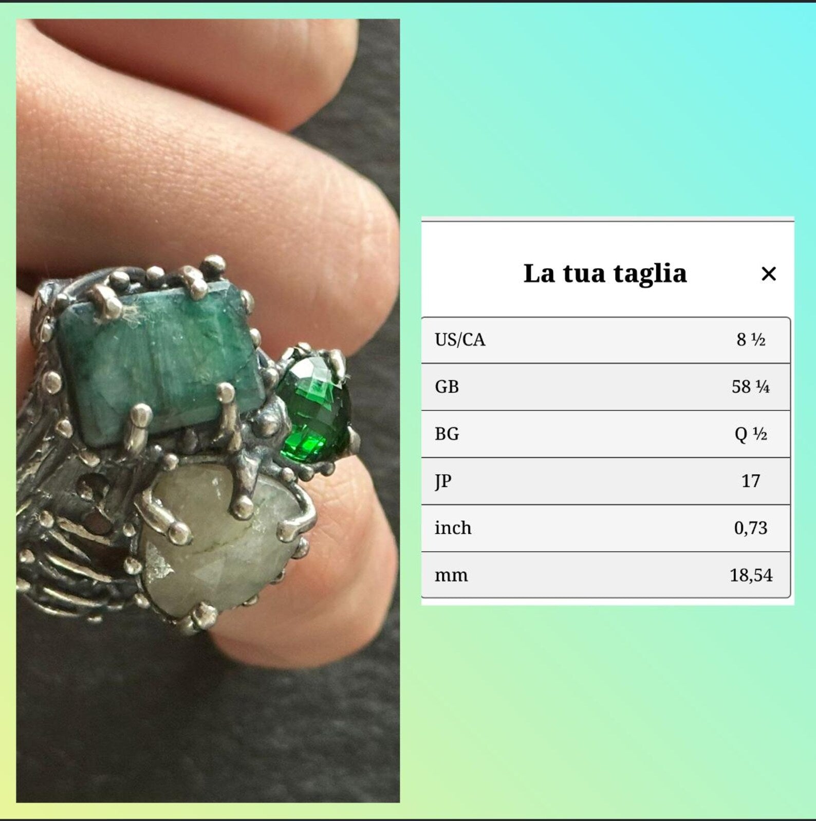 Anello in argento brunito con tormalina verde, giada grezza rettangolare e quarzite bianca sfaccettata