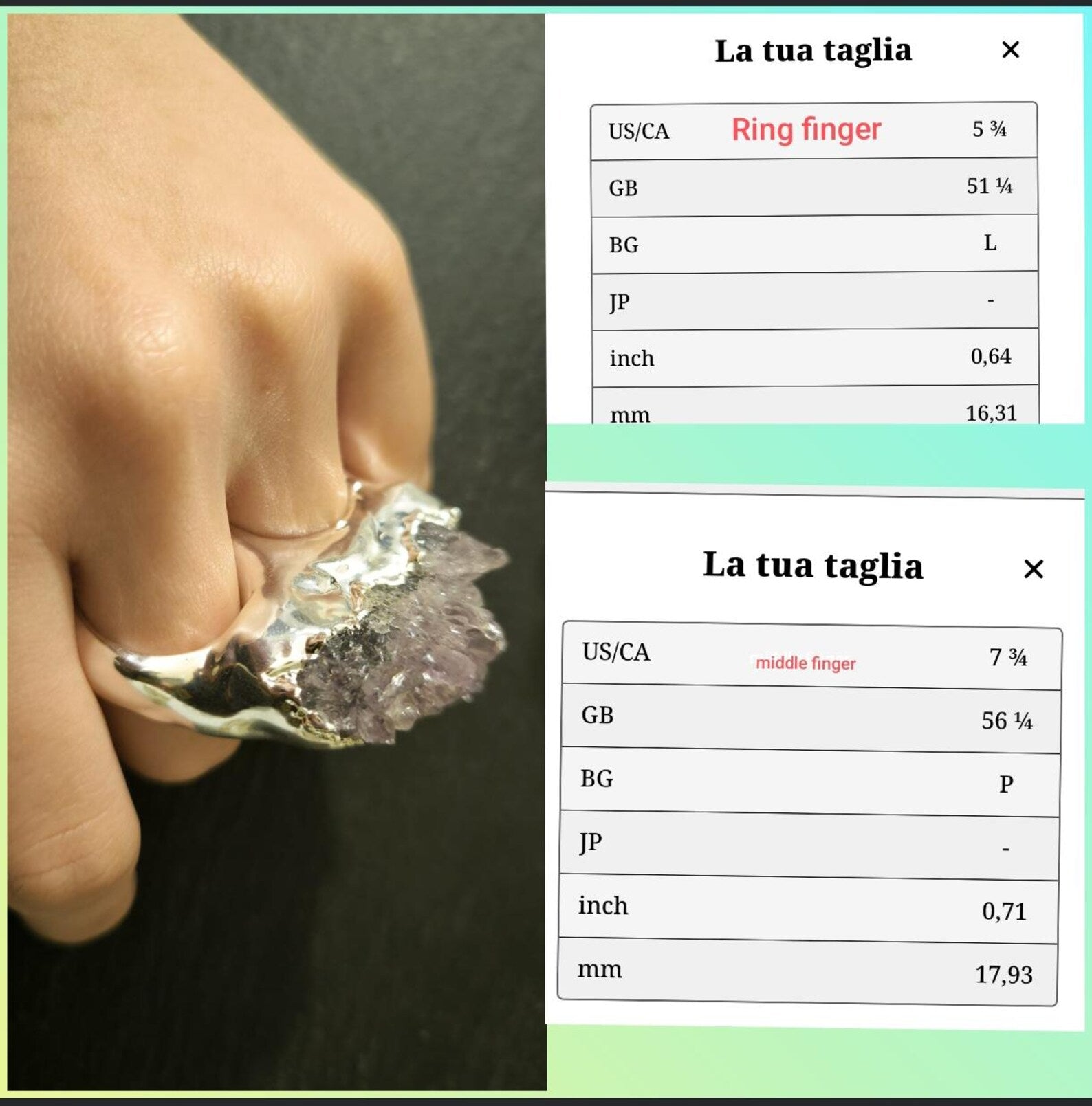 Anello scultoreo in argento a due dita con ametista drusa grezza e resina artistica fatto a mano