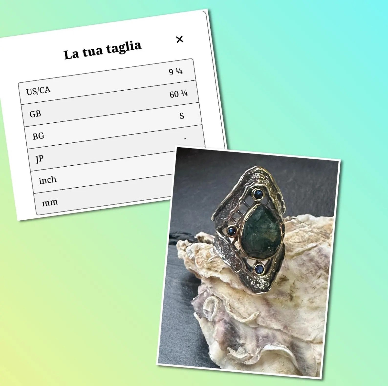 Anello artigianale in argento stile organico con giada grezza e topazi blu