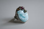 Anello in argento con larimar 20 carati, tormaline naturali e ambra gialla