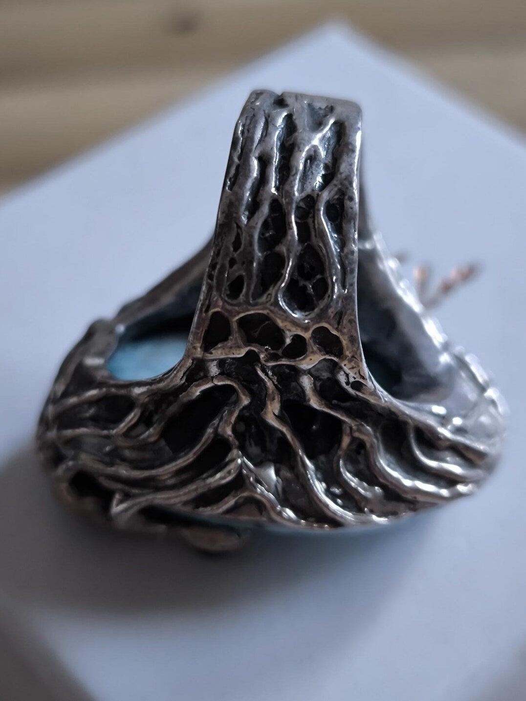 Anello in argento con larimar 20 carati, tormaline naturali e ambra gialla