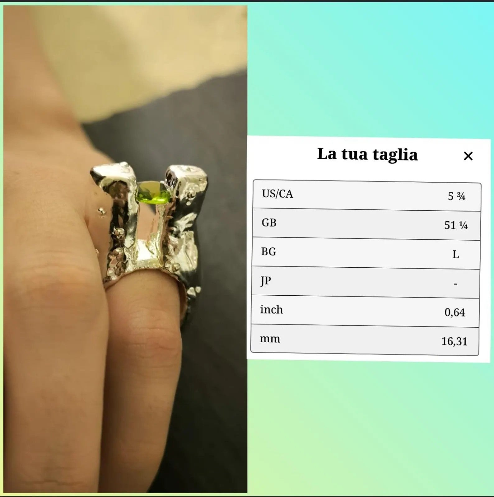 Anello scultura in argento e resina artistica con peridoto verde naturale