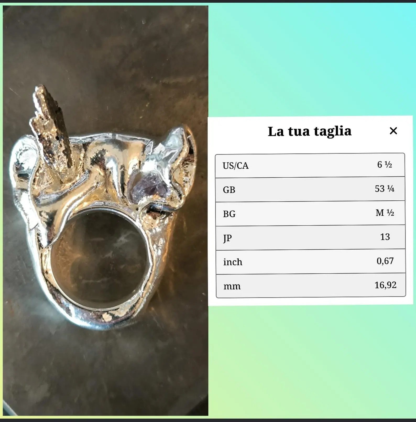 Anello artigianale in argento e resina con tormalina nera naturale misura 14