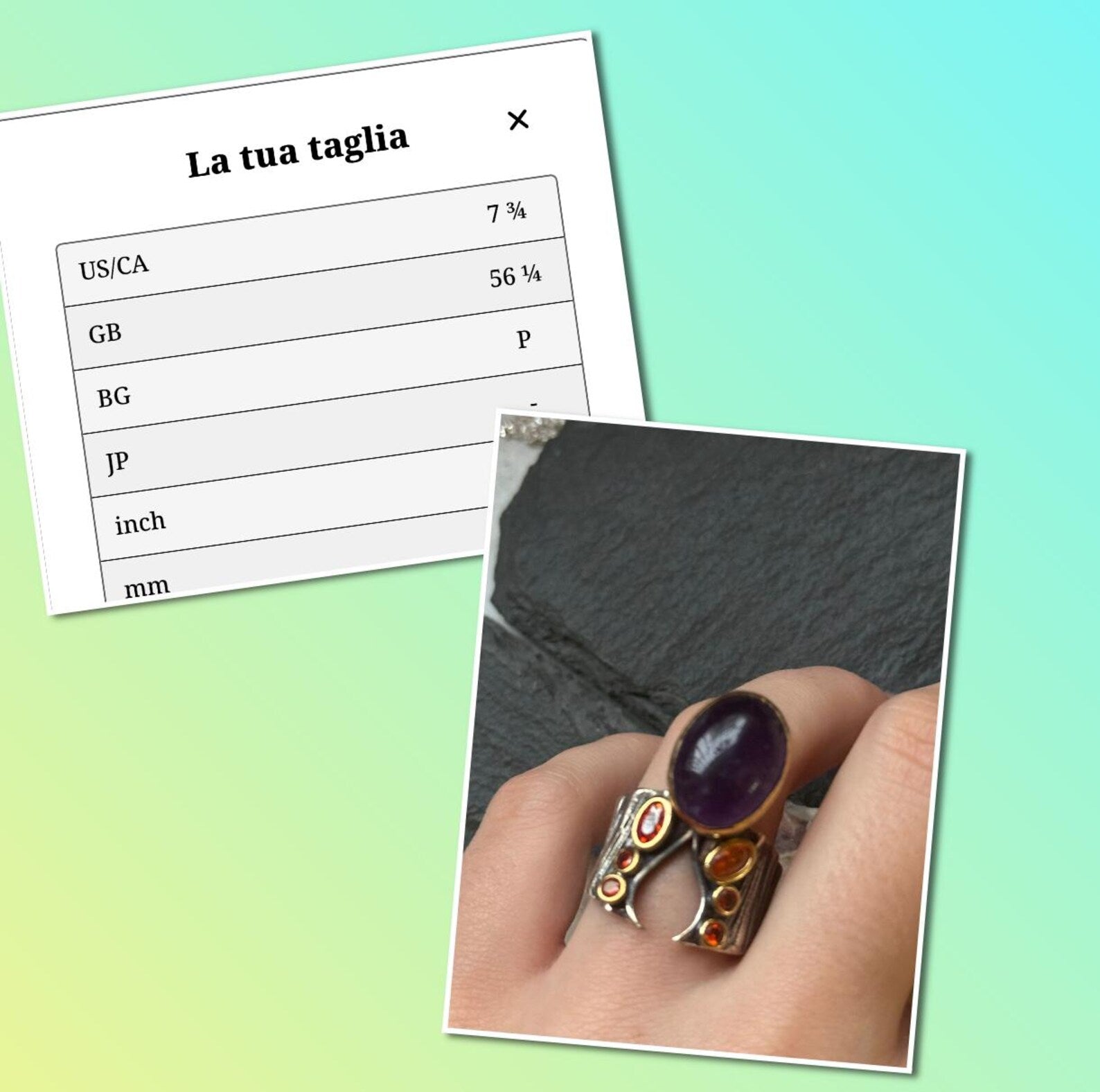 Anello in argento con ricami in oro, ametista viola cabochon e mini topazi arancio