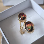 Anello regolabile in oro galvanizzato su bronzo con ametrine naturali verde e rosa
