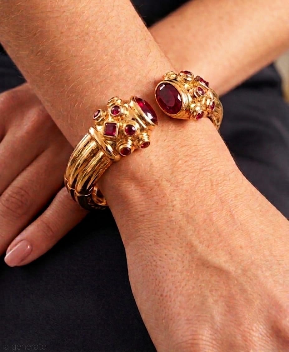 bracciale rigido in bronzo dorato a molla di Rachele Falvo in stile etrusco bizantino con intarsi e grandi diaspri rossi naturali