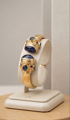 Bracciale Rigido Oro con Topazi Azzurri Naturali Sfaccettati, Bracciale a Molla Stile Antico Bizantino, Gioielli Bangle Elegante Donna