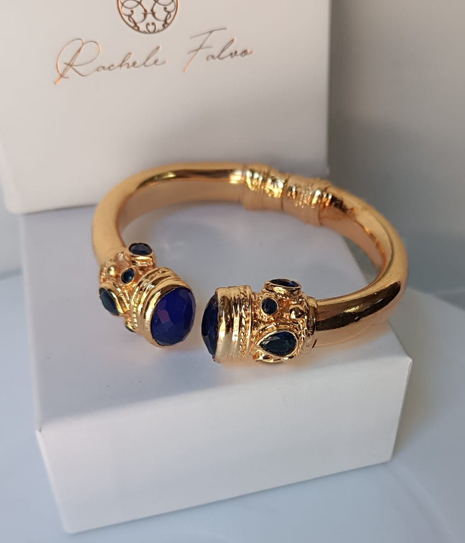 Bracciale Rigido Oro con Topazi Azzurri Naturali Sfaccettati, Bracciale a Molla Stile Antico Bizantino, Gioielli Bangle Elegante Donna