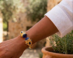 Bracciale Rigido Oro con Topazi Azzurri Naturali Sfaccettati, Bracciale a Molla Stile Antico Bizantino, Gioielli Bangle Elegante Donna