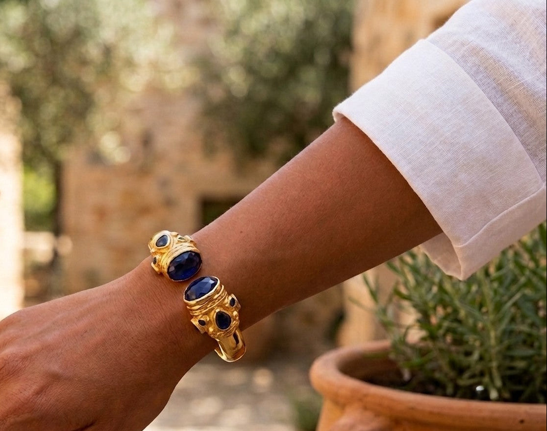 Bracciale Rigido Oro con Topazi Azzurri Naturali Sfaccettati, Bracciale a Molla Stile Antico Bizantino, Gioielli Bangle Elegante Donna