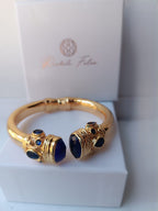 Bracciale Rigido Oro con Topazi Azzurri Naturali Sfaccettati, Bracciale a Molla Stile Antico Bizantino, Gioielli Bangle Elegante Donna