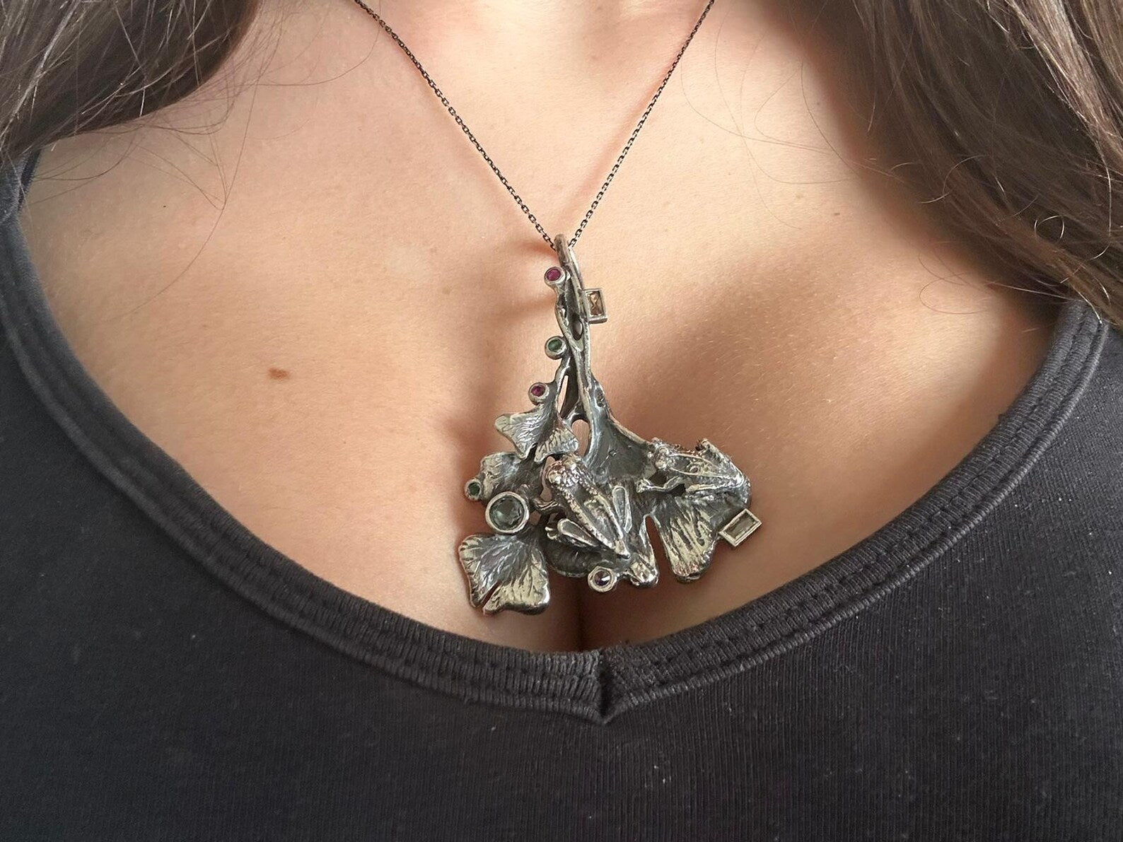 Ciondolo in Argento Massiccio con Tormaline Naturali e Radice di Rubino – Con Catenina
