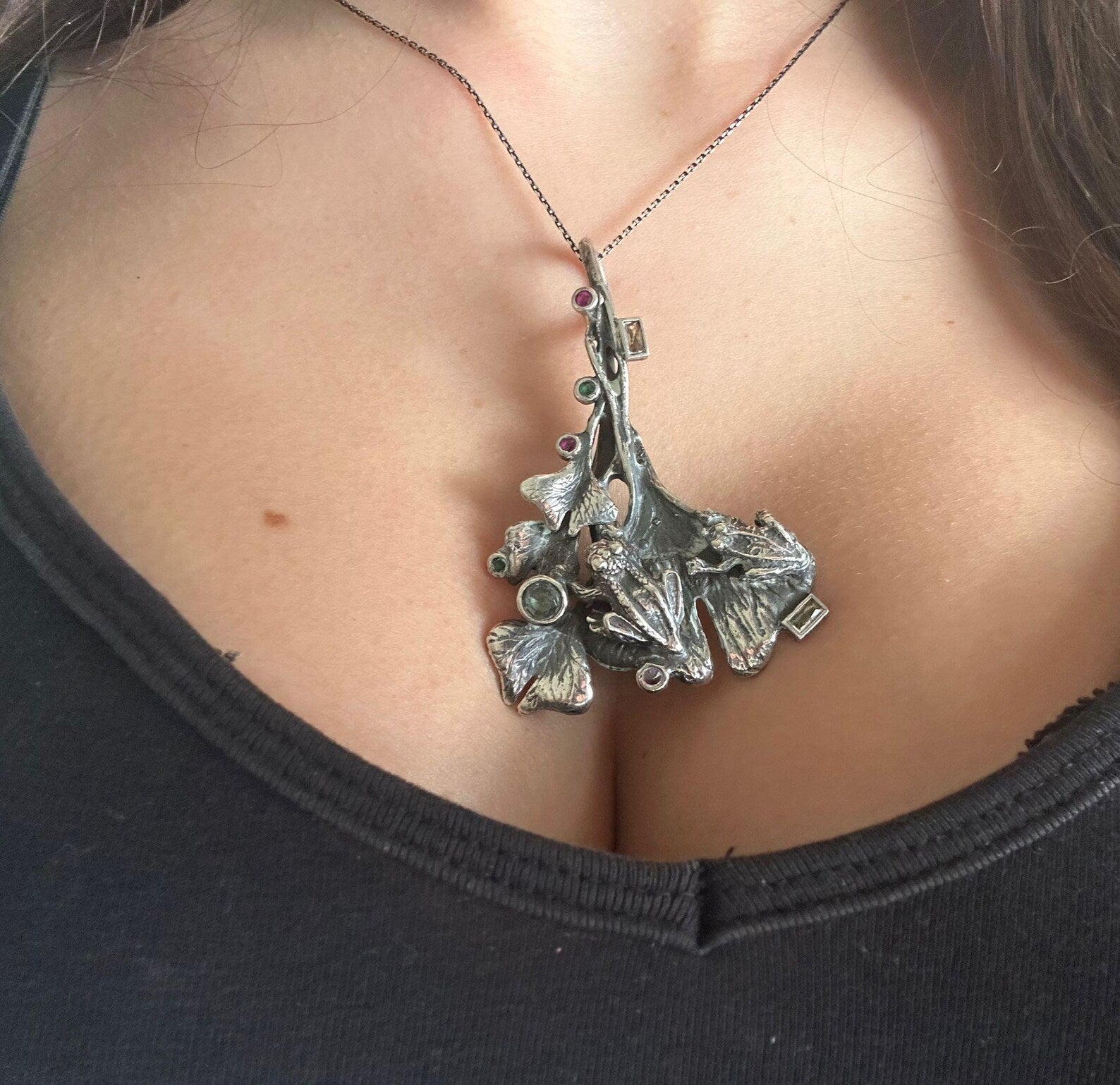 Ciondolo in Argento Massiccio con Tormaline Naturali e Radice di Rubino – Con Catenina