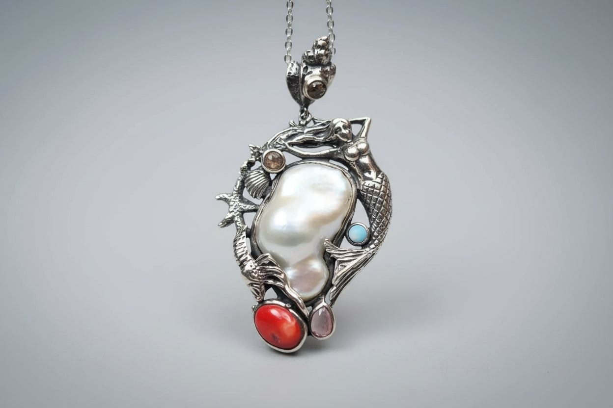 Collana artigianale in argento tema mare con sirena, corallo rosso, opale bianco e tormaline rosa