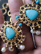 Collier étrusque byzantin en or sur bronze avec turquoise, perles et quartz brun – Bijou artisanal d'orfèvrerie de haute qualité