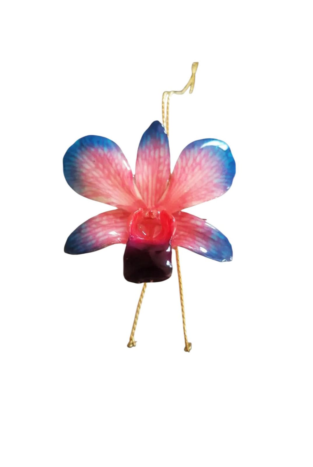 Collana con orchidea naturale azzurra e rossa inglobata in resina e saliscendi oro su bronzo regolabile