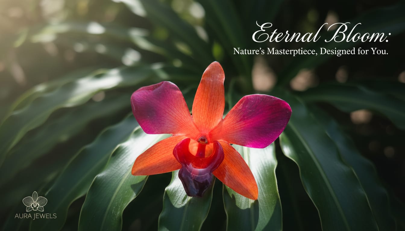 Collana con orchidea arancione e rosso porpora in resina, gioiello floreale artigianale luminoso