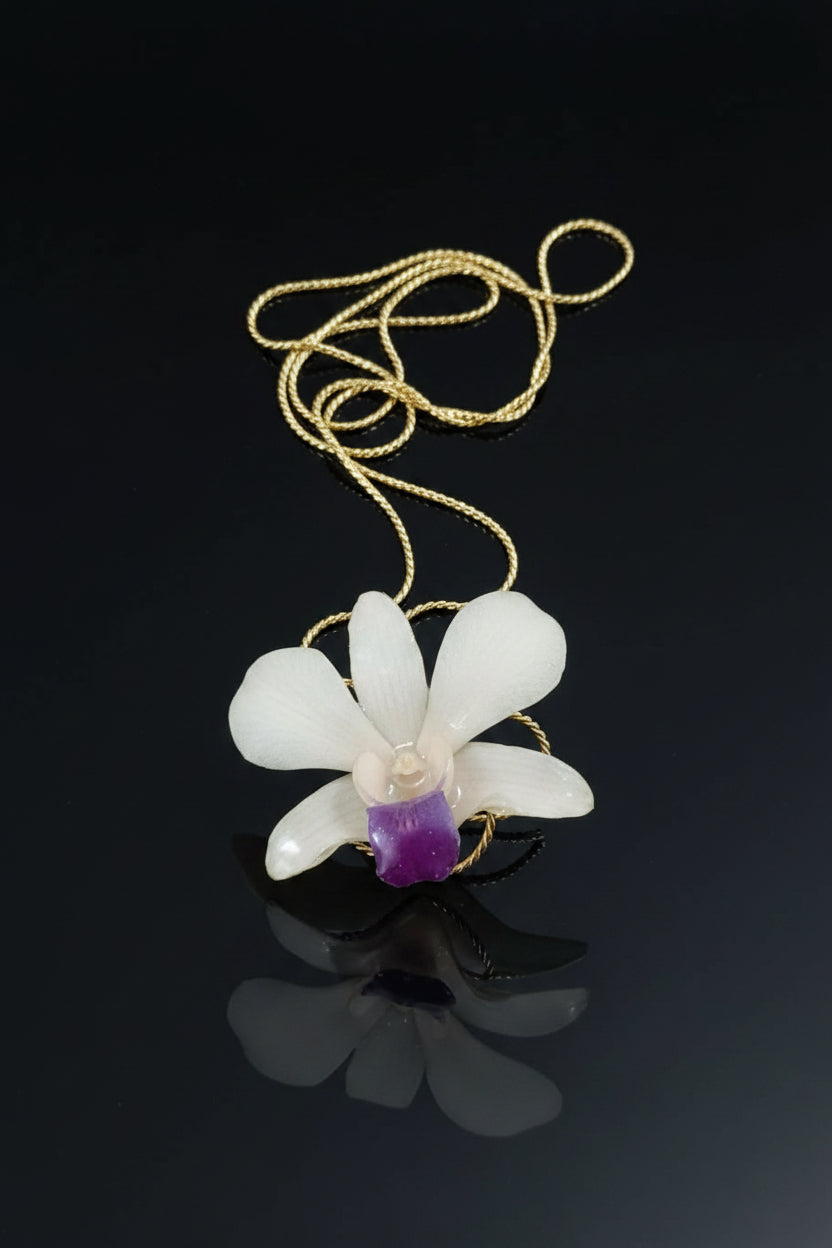 collana orchidea bianca naturale resina saliscendi oro regolabile elegante