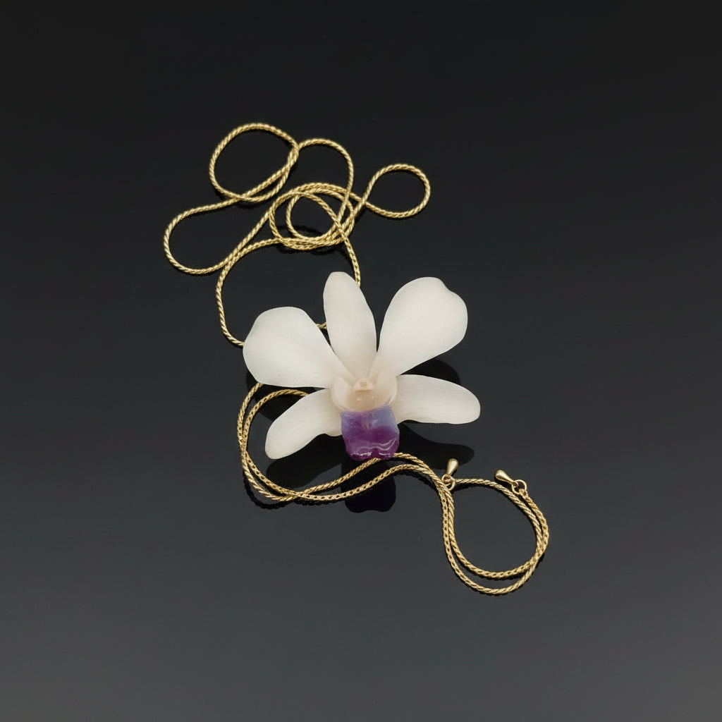 collana orchidea bianca naturale resina saliscendi oro regolabile elegante