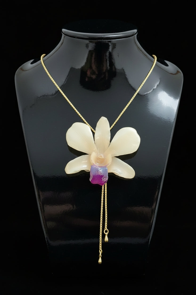 collana orchidea bianca naturale resina saliscendi oro regolabile elegante