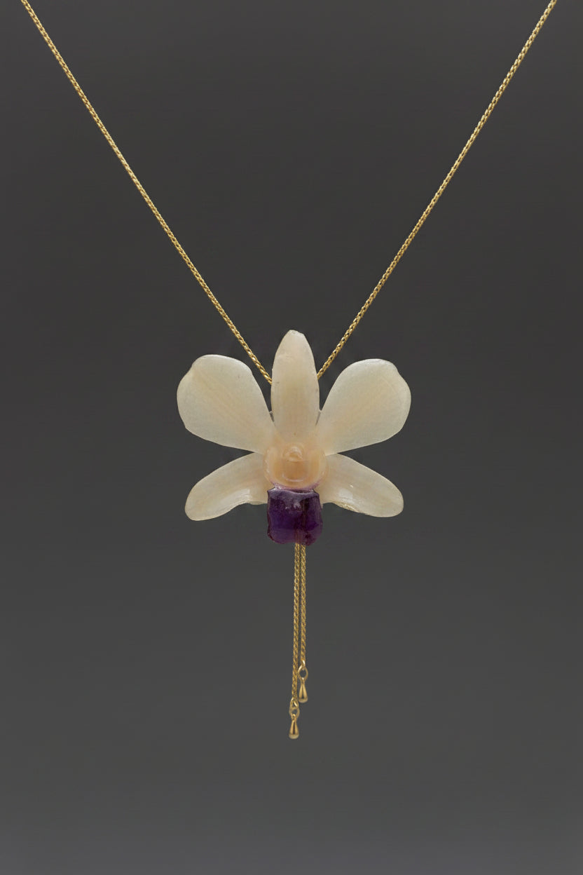 collana orchidea bianca naturale resina saliscendi oro regolabile elegante