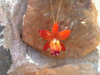 Ciondolo artigianale con vera orchidea marrone e arancio racchiusa in resina trasparente con riflessi di luce, mostrato con catenina in acciaio color oro e color argento.