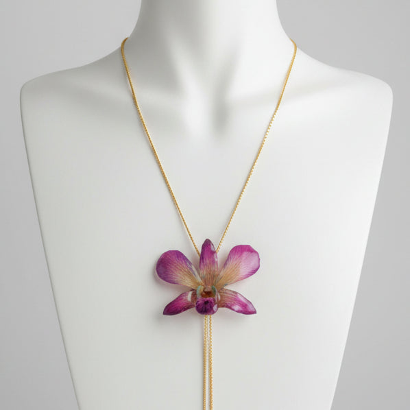 collana orchidea dendrobium multicolor viola turchese gialla resina saliscendi oro