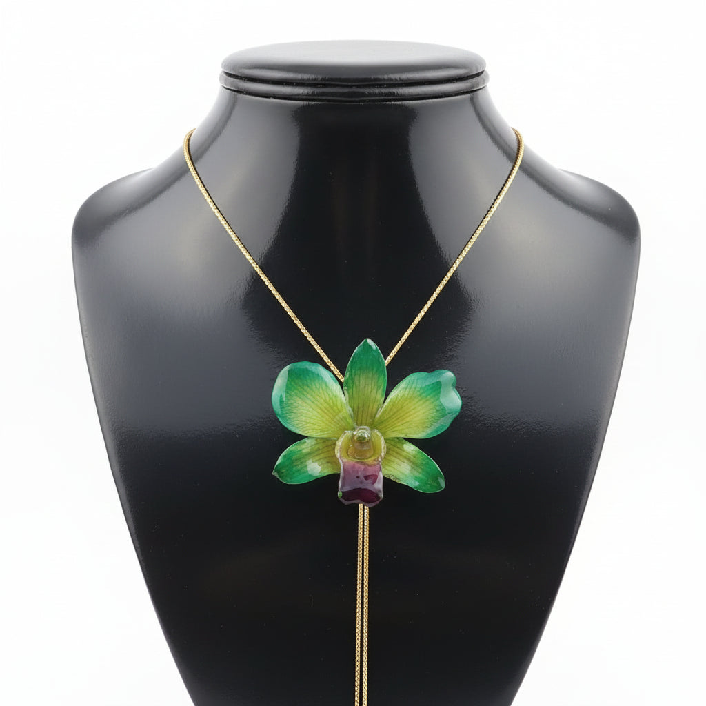 collana orchidea dendrobium verde bocca viola resina saliscendi oro argento regolabile elegante