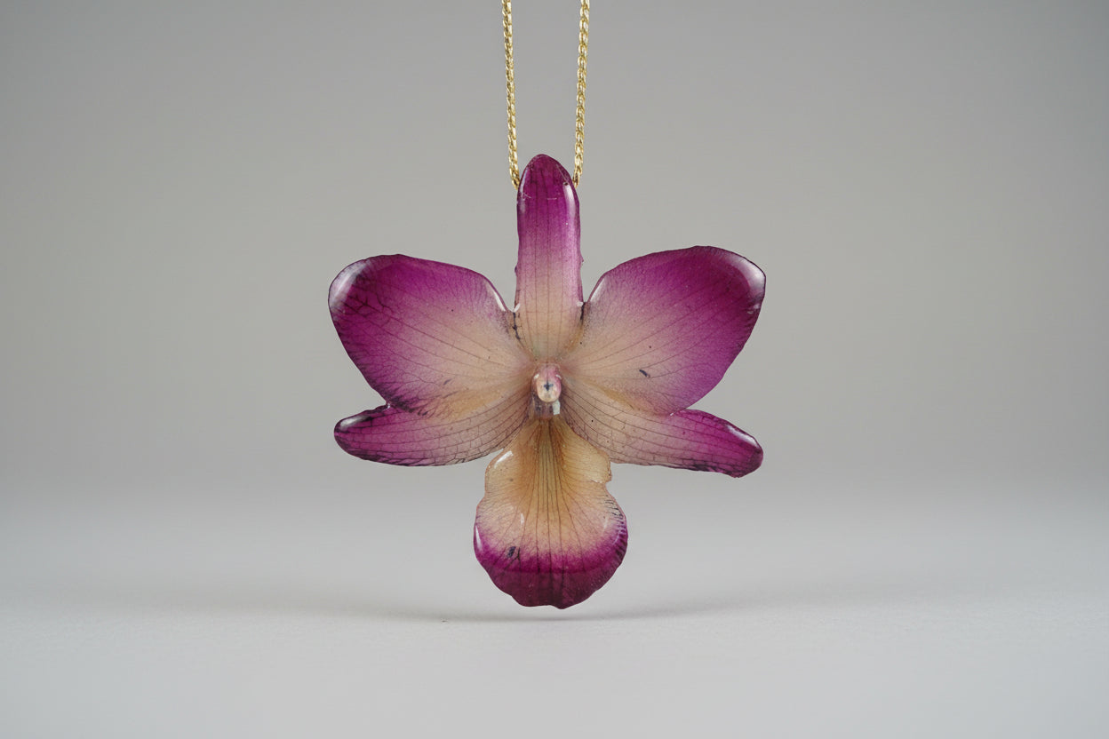 collana orchidea ibrida viola panna in resina elegante