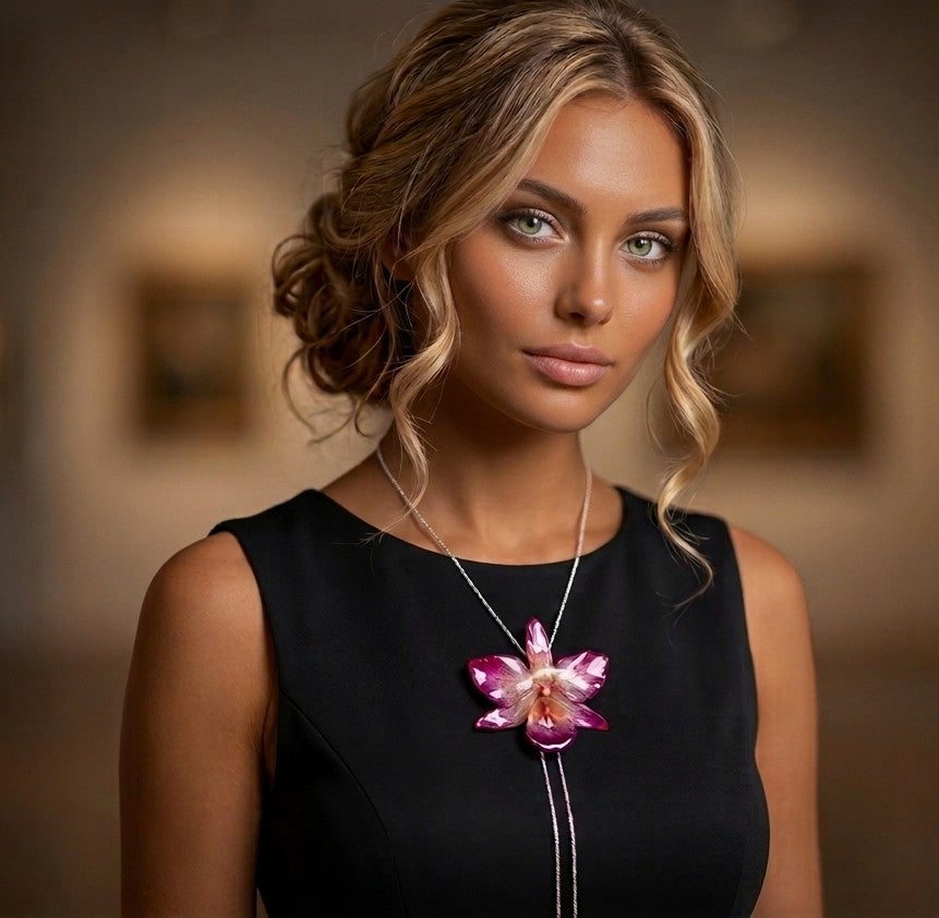 collana orchidea nobile rosa naturale argento saliscendi regolabile elegante