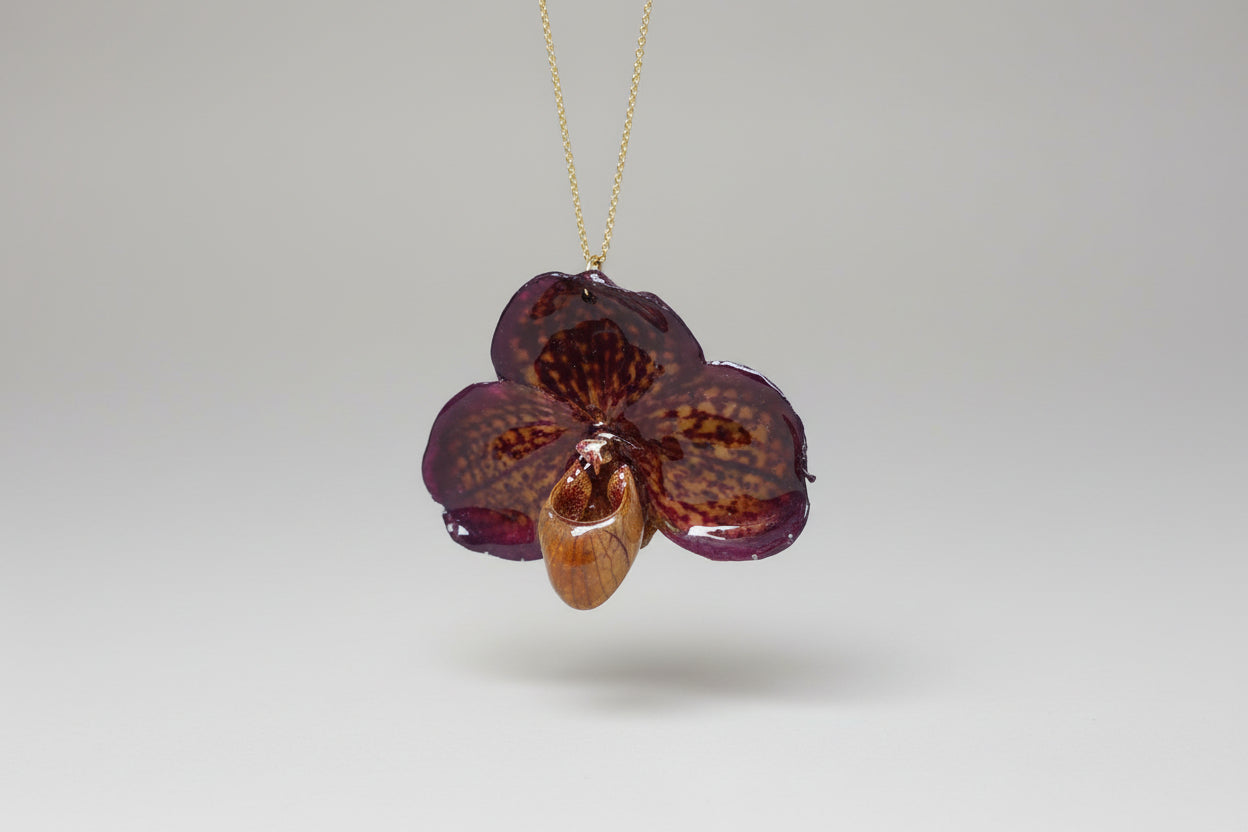 collana orchidea paphiopedilum viola in resina rara